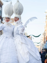 winterfeeen steltenlopers steltenact steltloeprs winterwonderland ice flowers bloemen op stelten